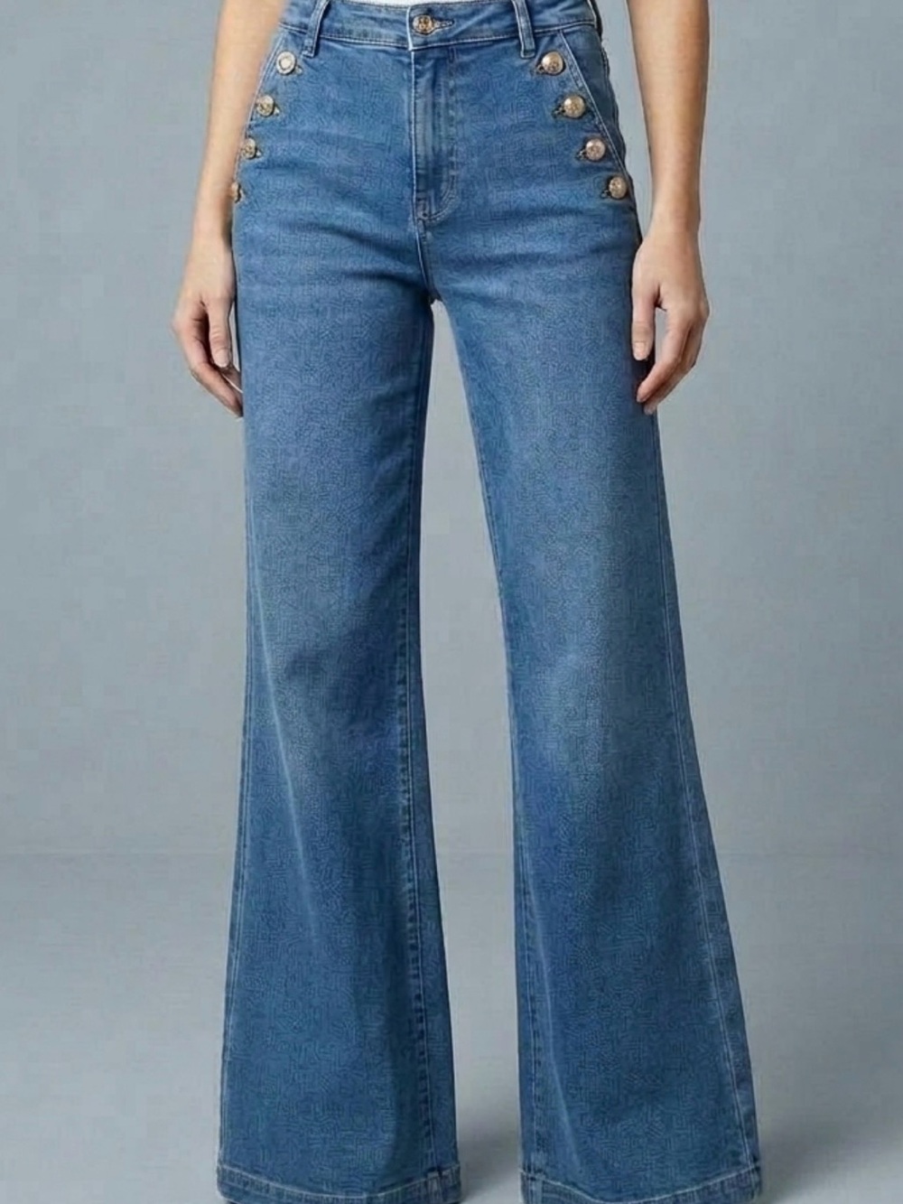 Rina Rossi Blue High-Rise Wide Leg Jeans with Decorative Buttons